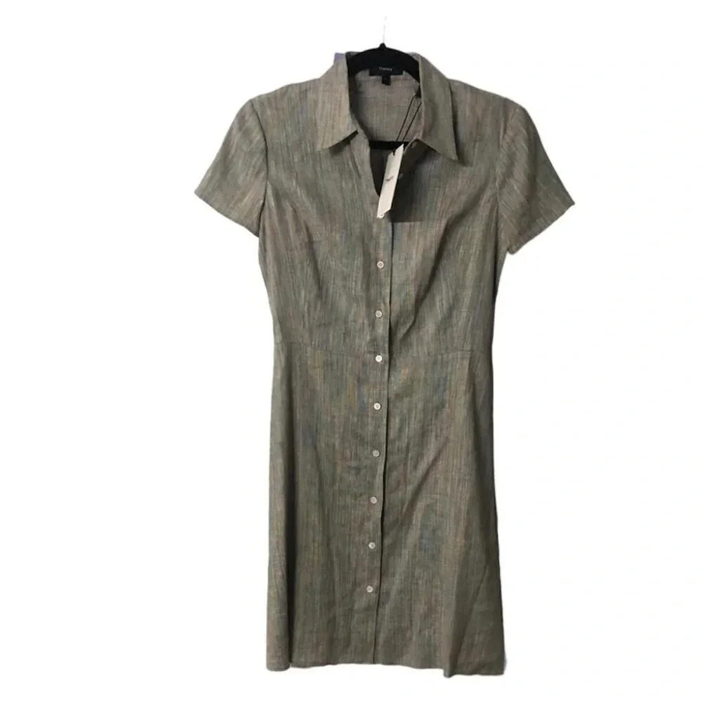 Theory Short Sleeve Button Down Striped Linen Dress Size 0 NWT